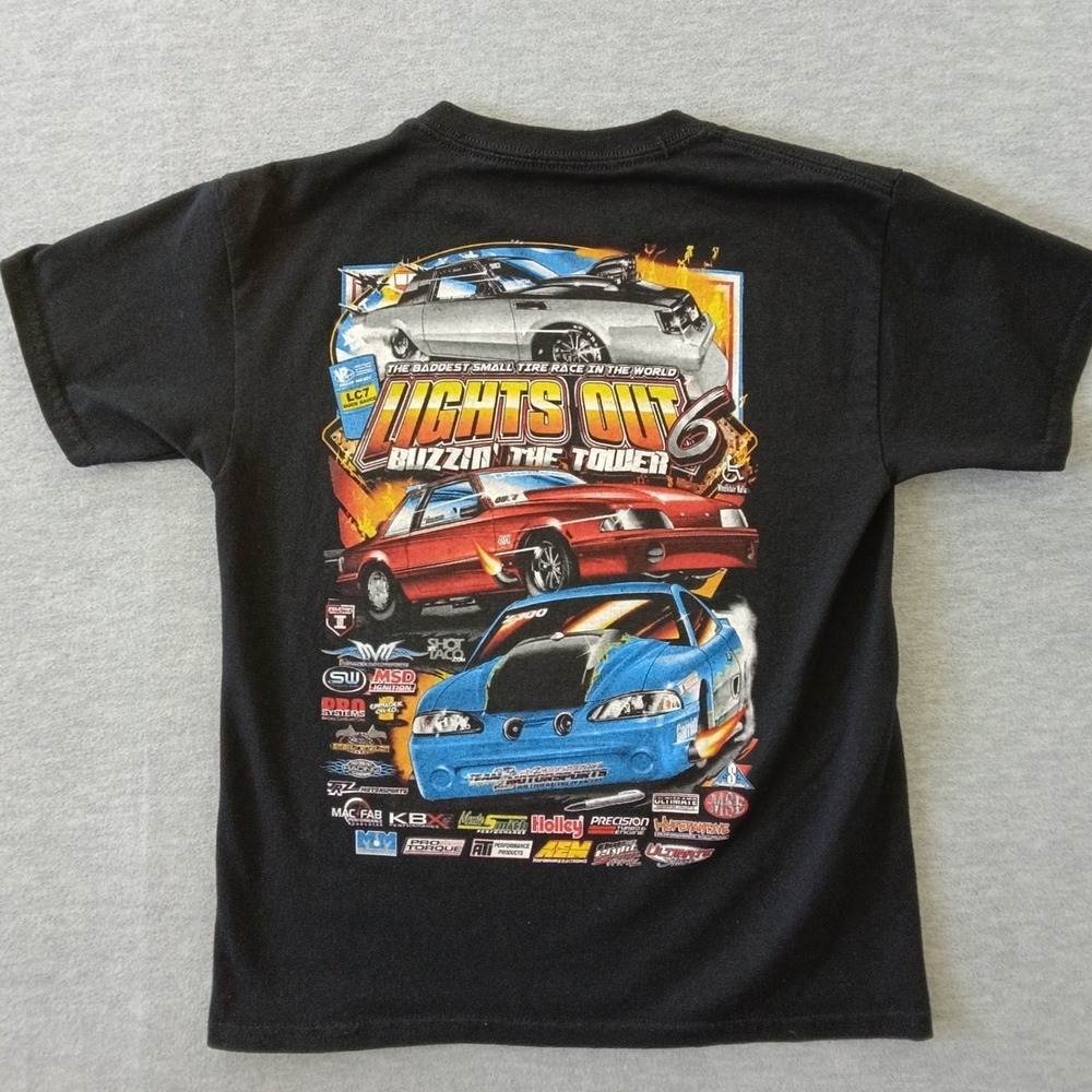 Gildan Lights Out 6 Buzzin The Tower Drag Racing Kids Shirt Black Medium 10-12